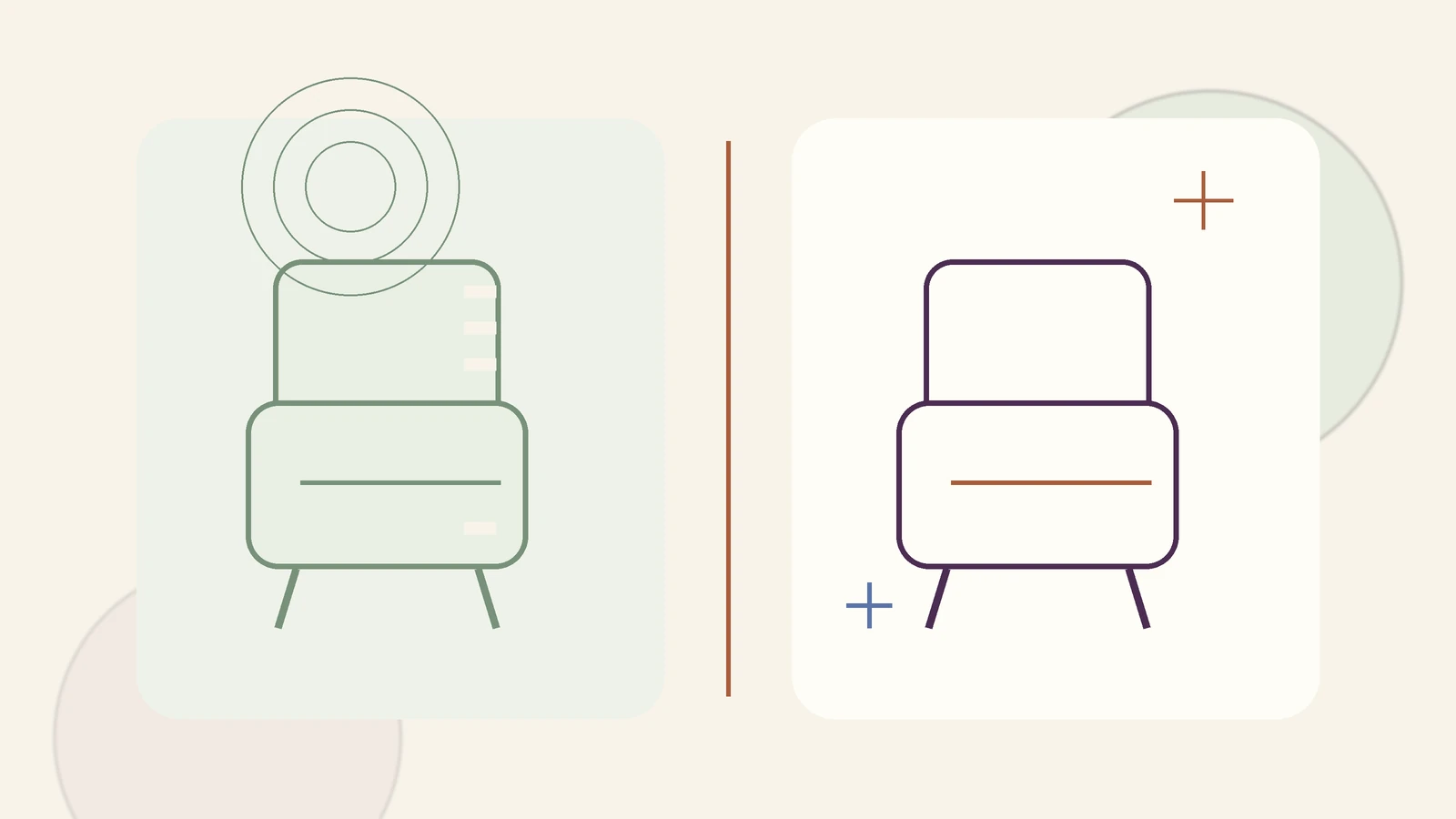 Flat line illustration comparing a faded, depreciated chair with a crisp, fully valued chair, representing actual cash value versus replacement cost.