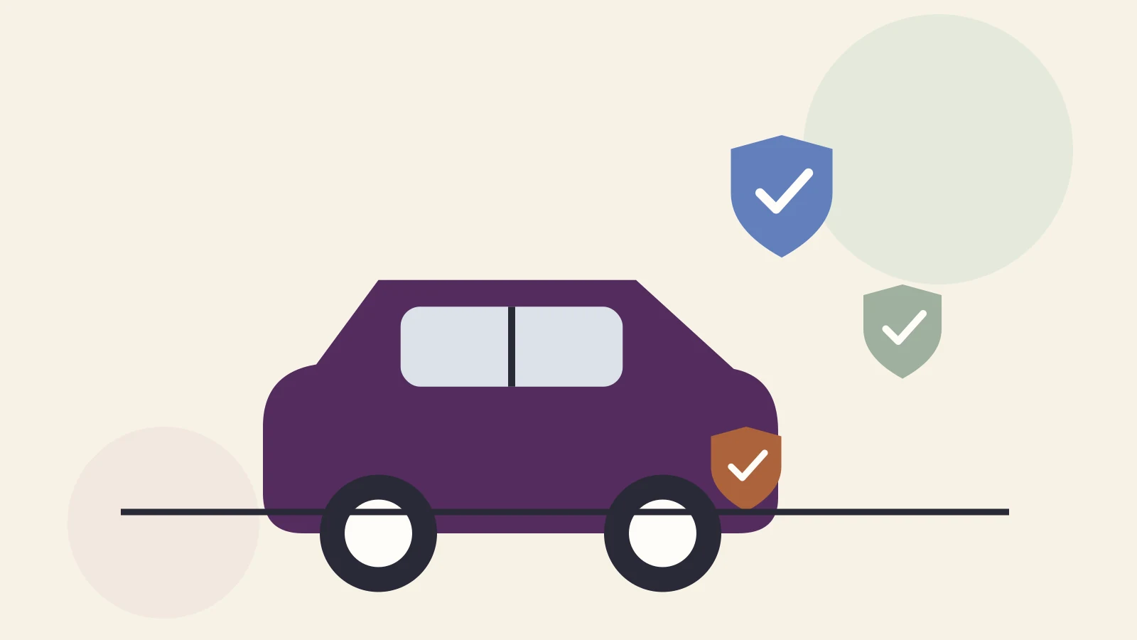 Flat illustration of a car surrounded by separate shield icons representing different auto insurance coverages.