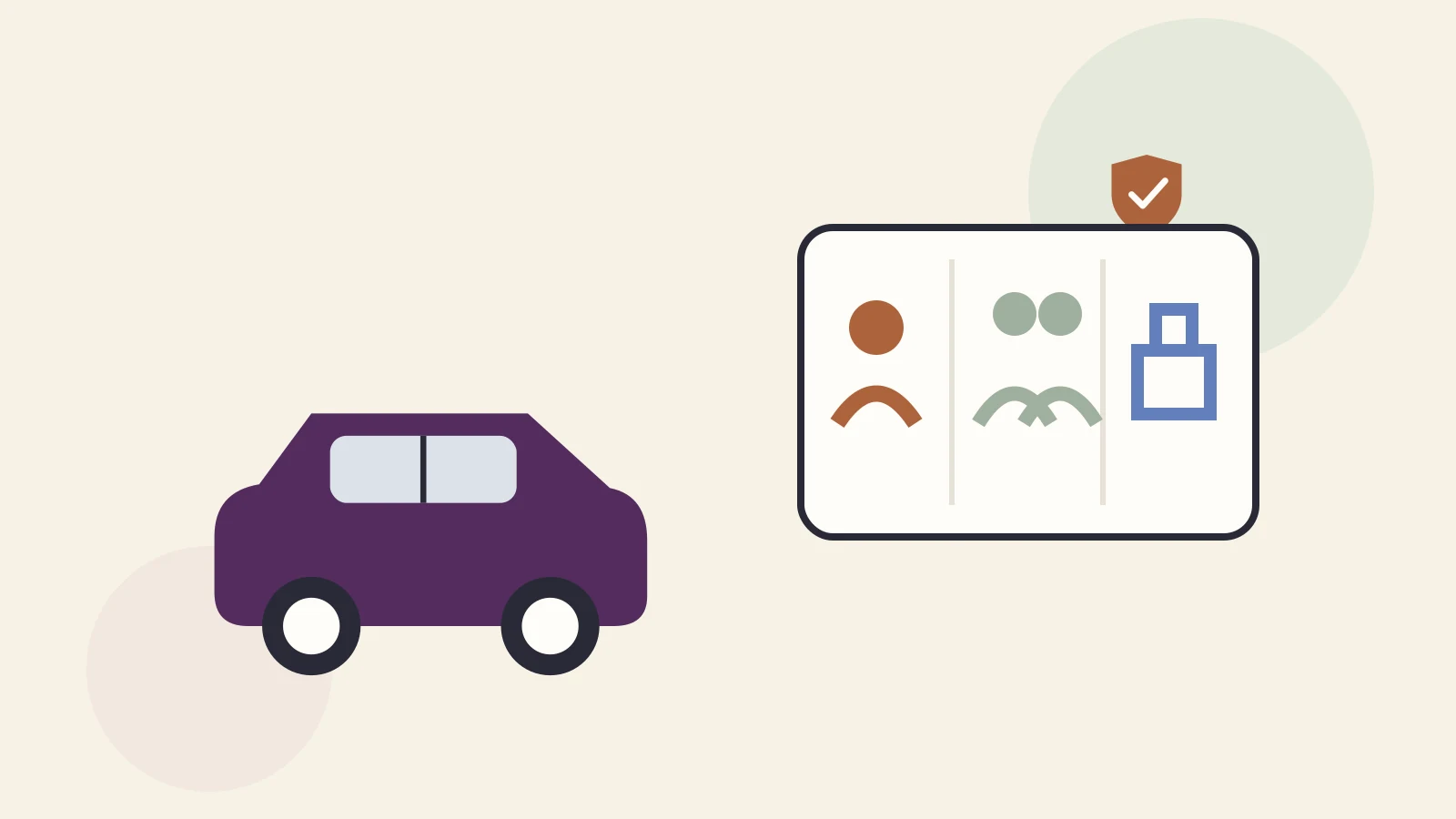 Flat illustration of a vehicle beside a three-part diagram representing per-person, per-accident, and property damage liability limits.