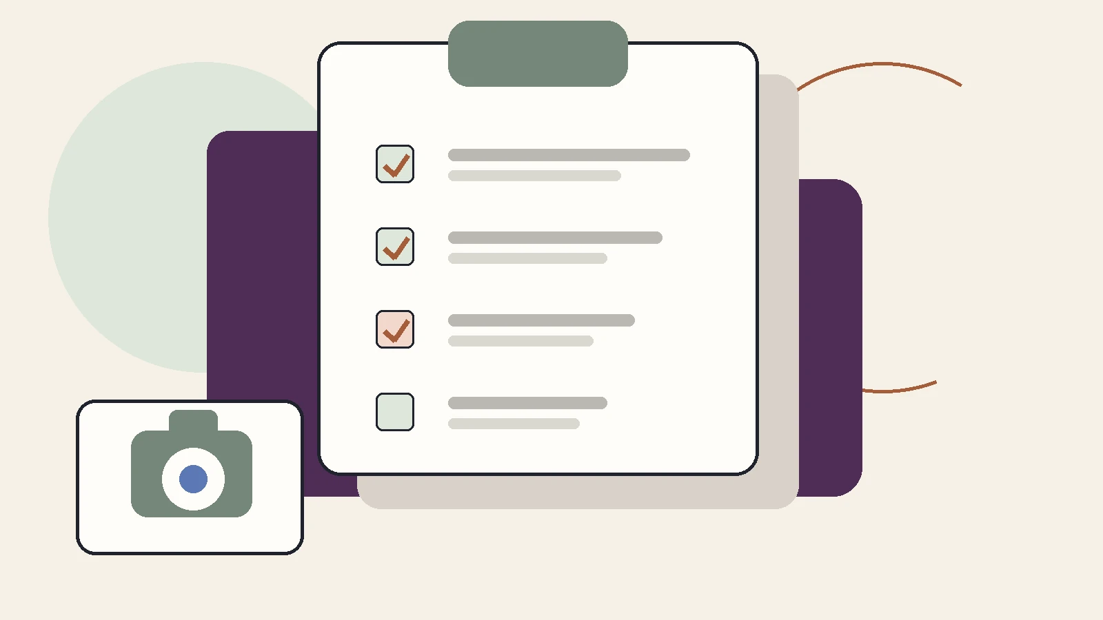 Overhead view of an insurance claim folder, receipts, a notepad, and a phone showing photos on a table.