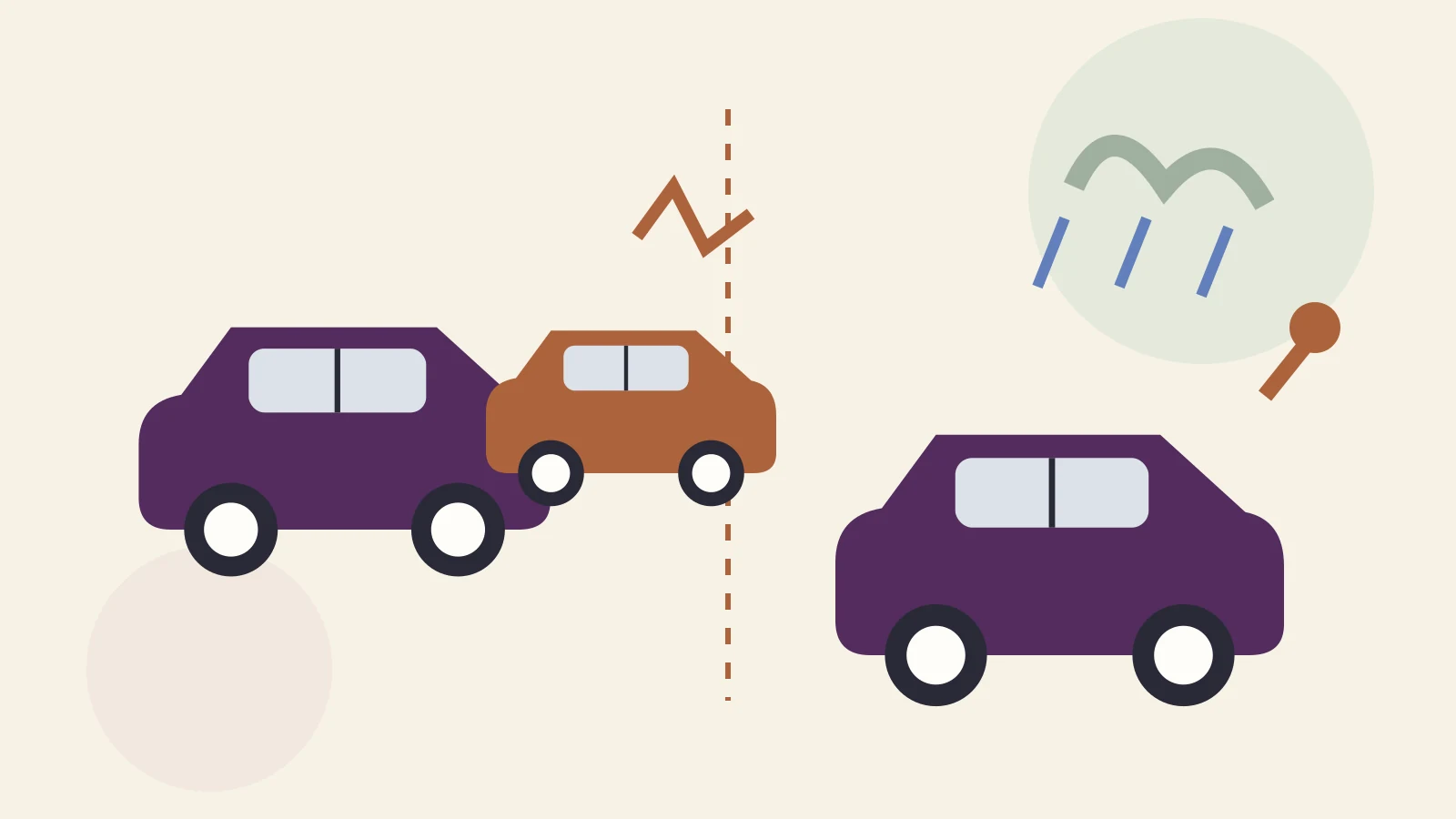 Split illustration contrasting a vehicle collision scene with weather, theft, and falling-object symbols representing comprehensive coverage.