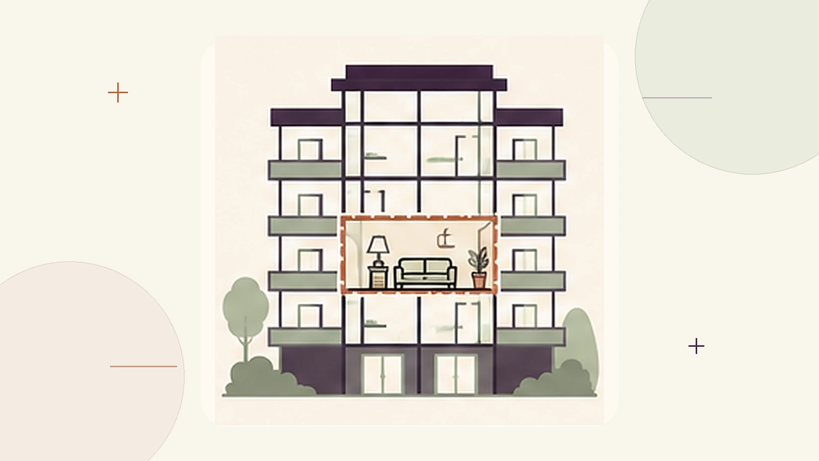 Flat line illustration of a condo building cross-section with a dashed boundary around one unit, representing the split between an association master policy and an individual HO-6 policy.