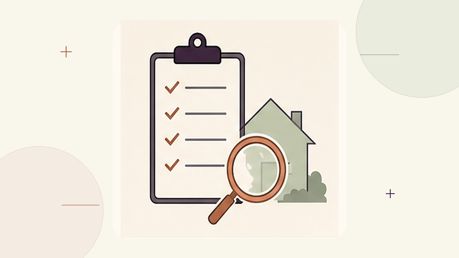 Flat line illustration of a clipboard checklist and magnifying glass beside a house silhouette, representing the process of documenting and filing a homeowners insurance claim.