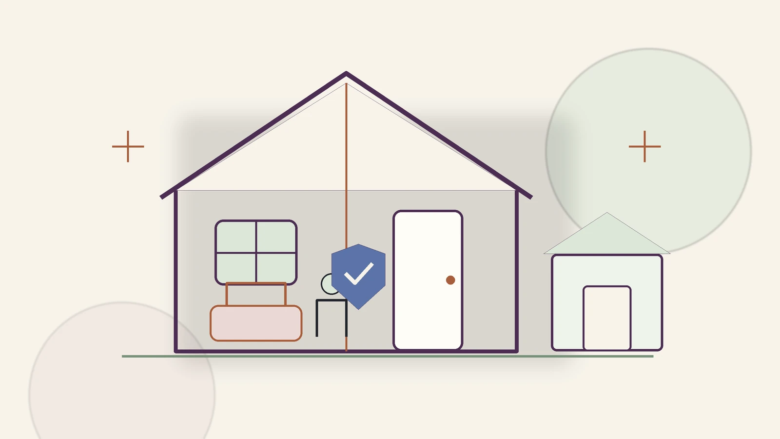 Flat line illustration of a house with a detached shed and household items, representing the parts of a homeowners insurance policy.