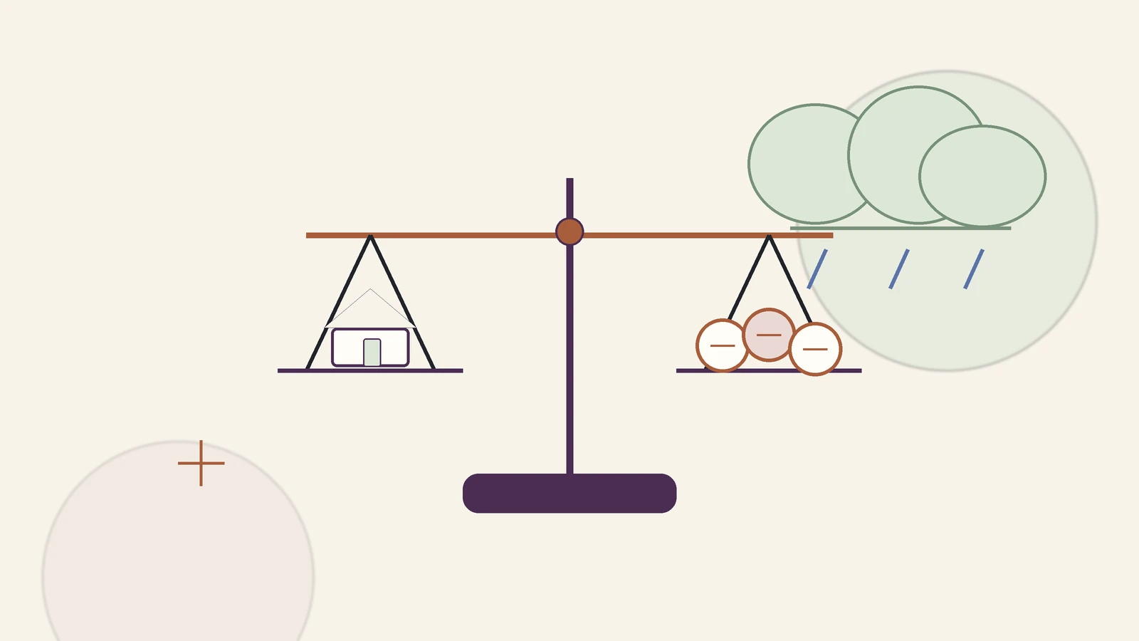 Flat line illustration of a balance scale with a house on one side and coins on the other, beneath a small storm cloud, representing homeowners insurance deductibles.