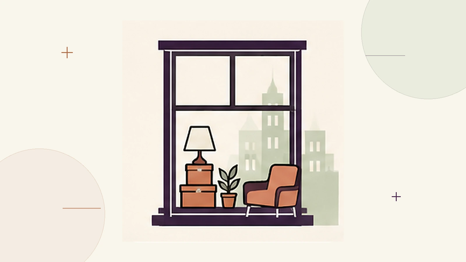 Flat line illustration of household items inside an apartment window with a building silhouette in the background, representing renters insurance covering belongings separately from the building.