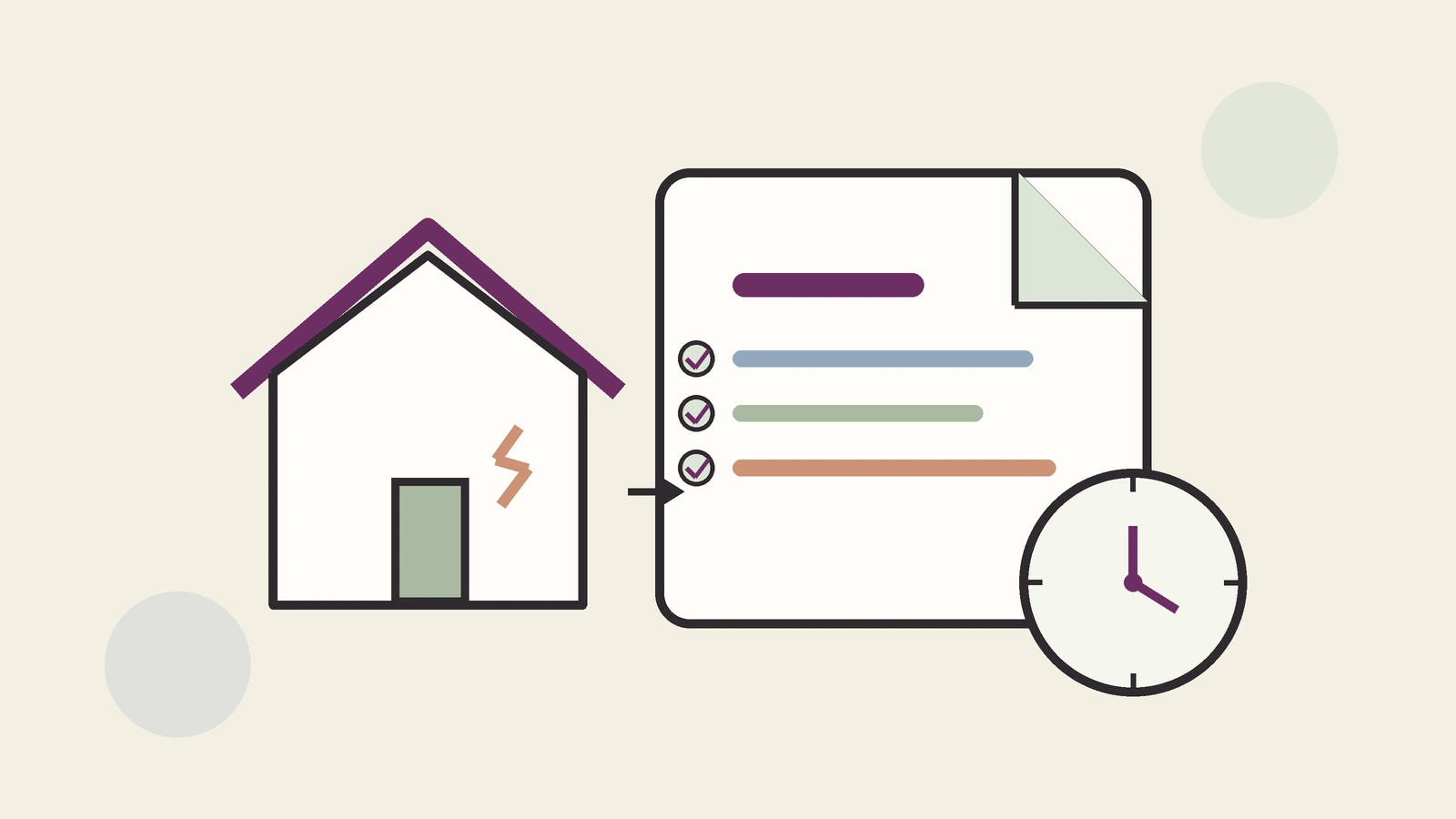 Home insurance claim timeline illustrated with a house, claim document, progress checks, and a clock