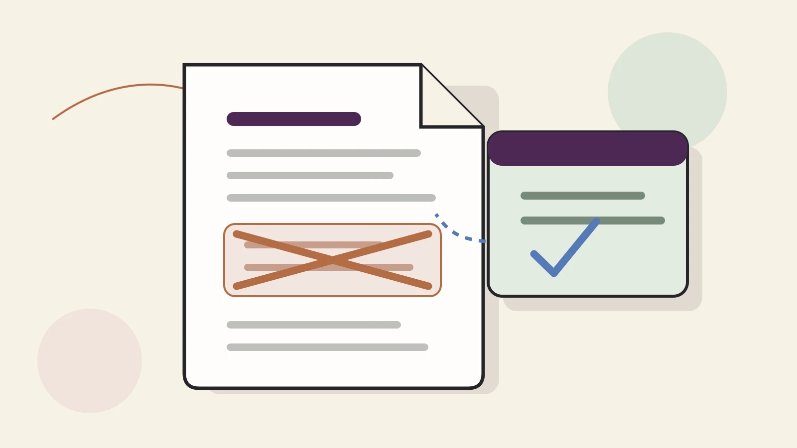 Flat editorial illustration of an insurance policy with one section crossed out and a separate endorsement card modifying the document.