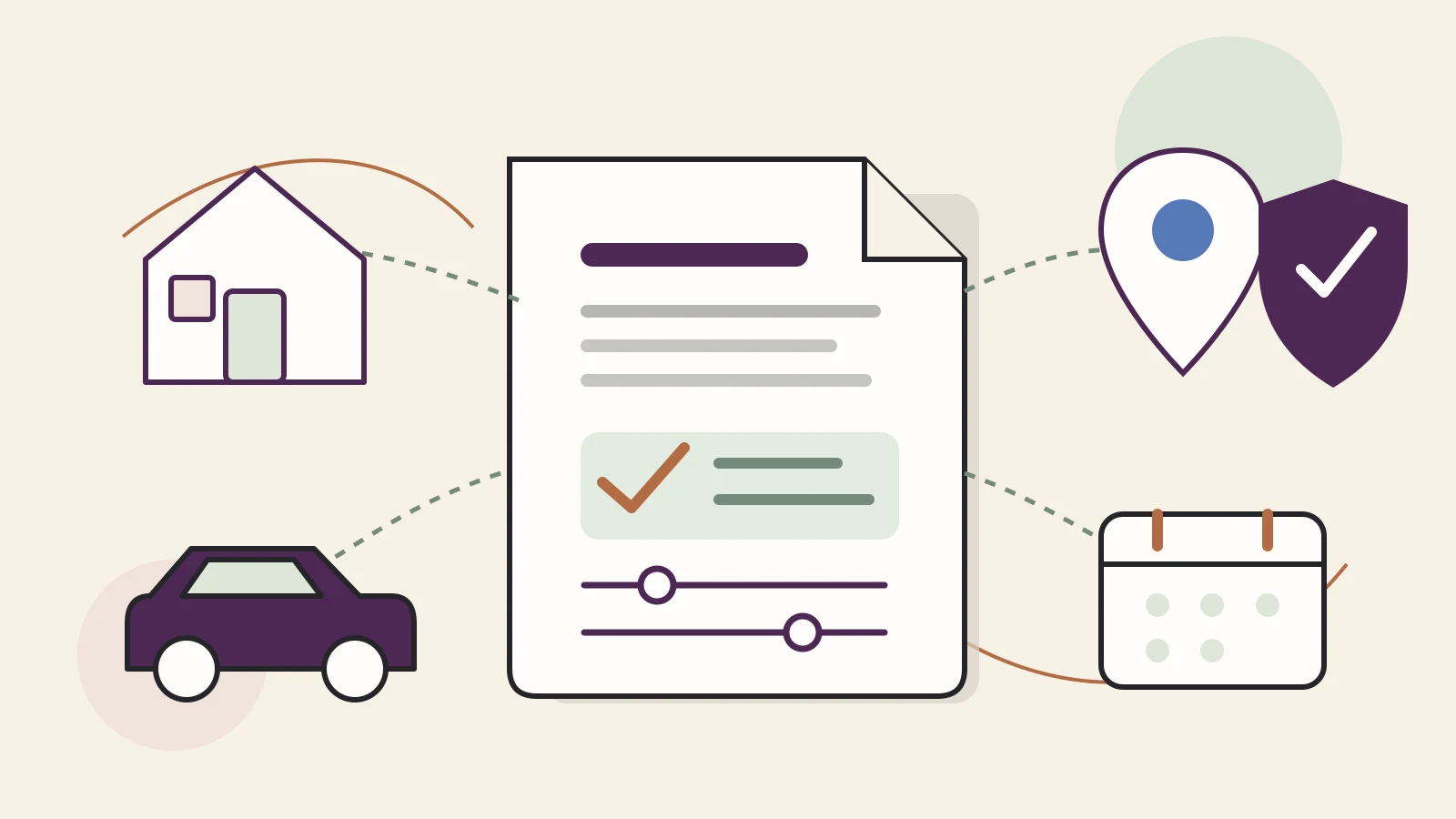 Flat editorial illustration of an insurance document connected to icons representing a home, car, location, calendar, shield, and rating controls.