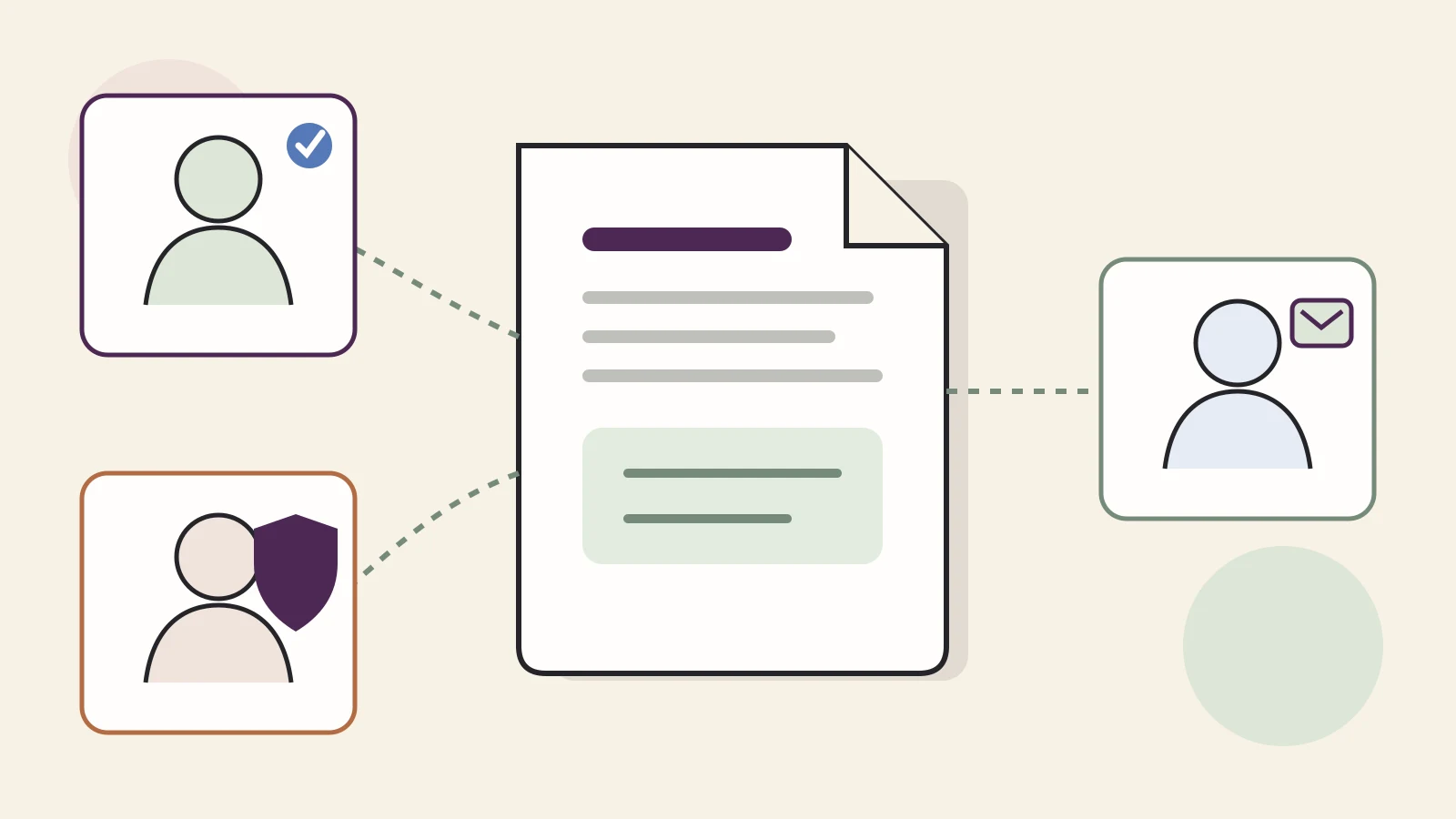 Flat editorial illustration of an insurance policy connected to three distinct role cards representing insured and interested parties.