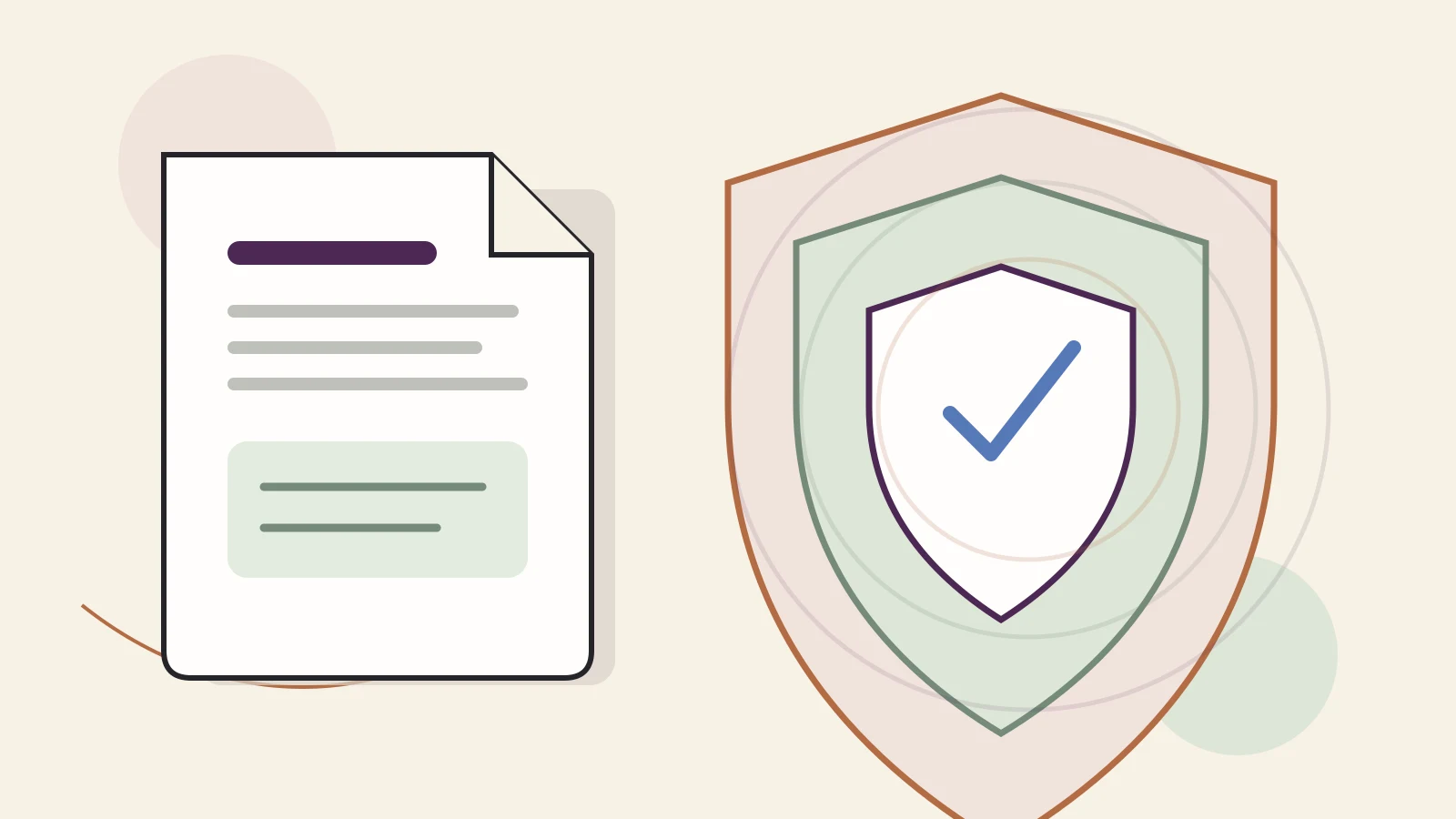 Flat editorial illustration of an insurance policy document beside nested shield shapes representing main, occurrence, and special limits.